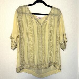 Calypso St Barth Beaded Butter Yellow Drapey Sheer‎ Top, Coastal, Size Small